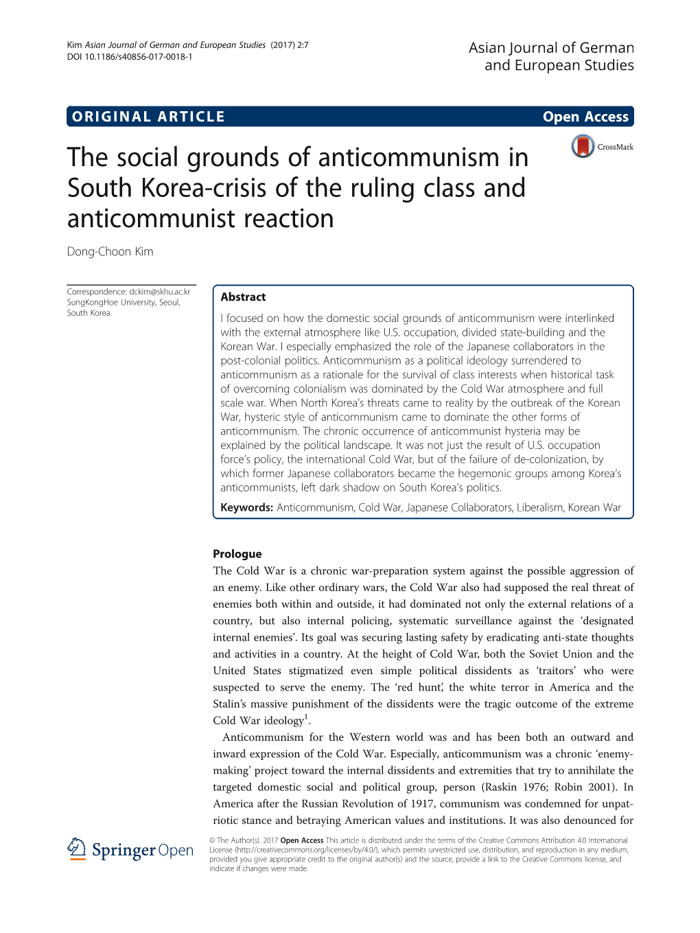 The Social Grounds of Anticommunism in South Korea-Crisis of the Ruling Class and Anticommunist Reaction Dong-Choon Kim