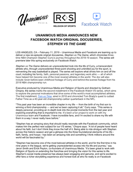 Unanimous Media Announces New Facebook Watch Original Docuseries, Stephen Vs the Game