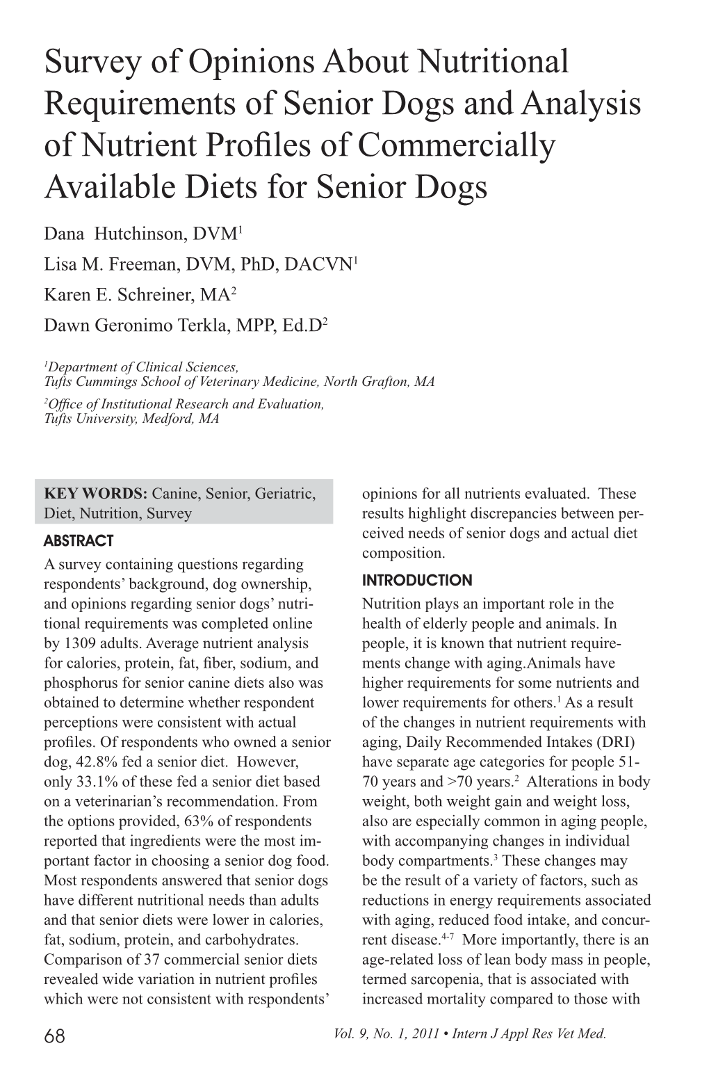 Survey of Opinions About Nutritional Requirements of Senior Dogs And