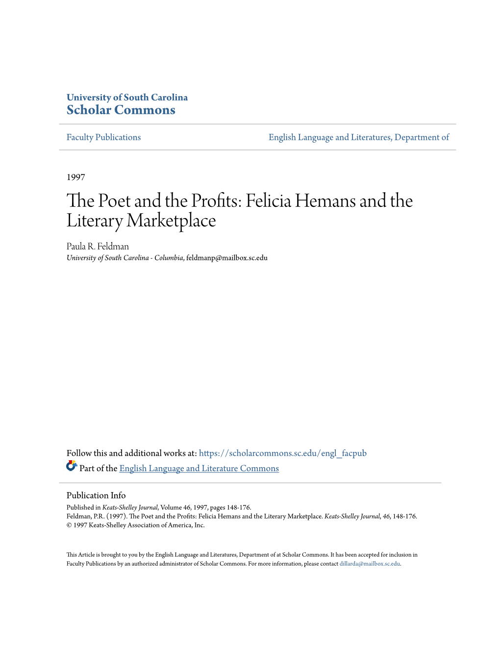 The Poet and the Profits: Felicia Hemans and the Literary Marketplace