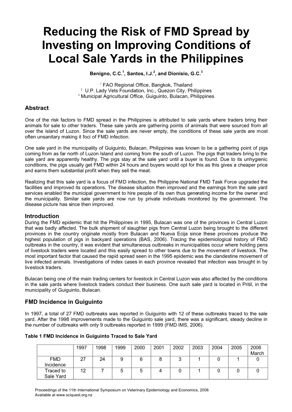 Reducing the Risk of FMD Spread by Investing on Improving Conditions of Local Sale Yards in the Philippines