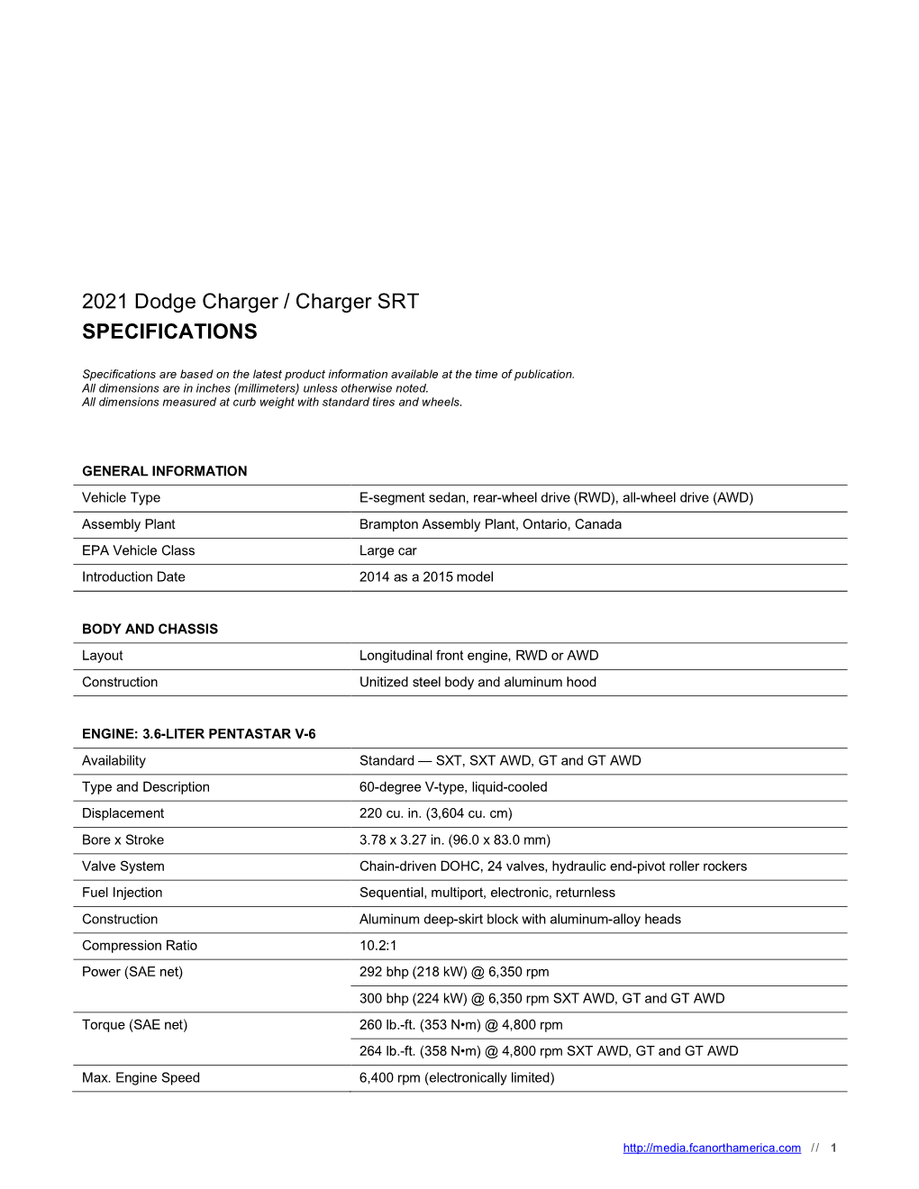 2021 Dodge Charger / Charger SRT SPECIFICATIONS