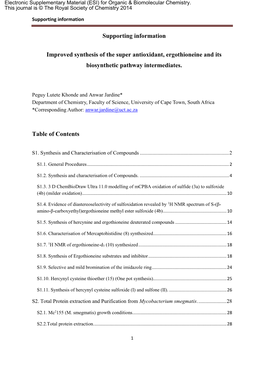 Supporting Information Improved Synthesis of the Super Antioxidant, Ergothioneine and Its Biosynthetic Pathway Intermediates