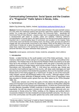 Social Spaces and the Creation of a “Progressive” Public Sphere in Kerala, India