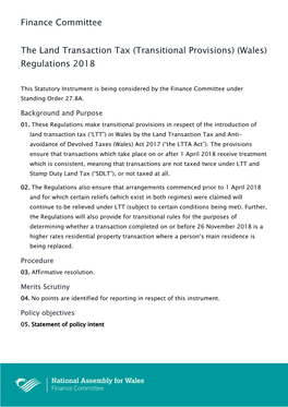 Finance Committee the Land Transaction Tax (Transitional Provisions) (Wales) Regulations 2018