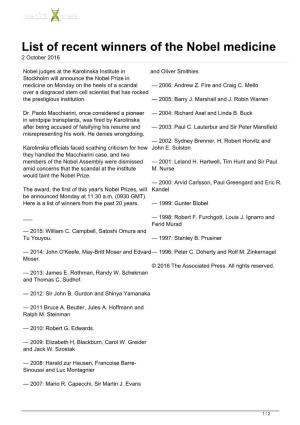 List of Recent Winners of the Nobel Medicine 2 October 2016