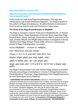 January, 2017 Raga Koushikranjani (Kaishikranjani,Chandrahas,Bahaderkouns, Chandramukhitypeii) in This Month We Shall Study Raga Koushikranjani