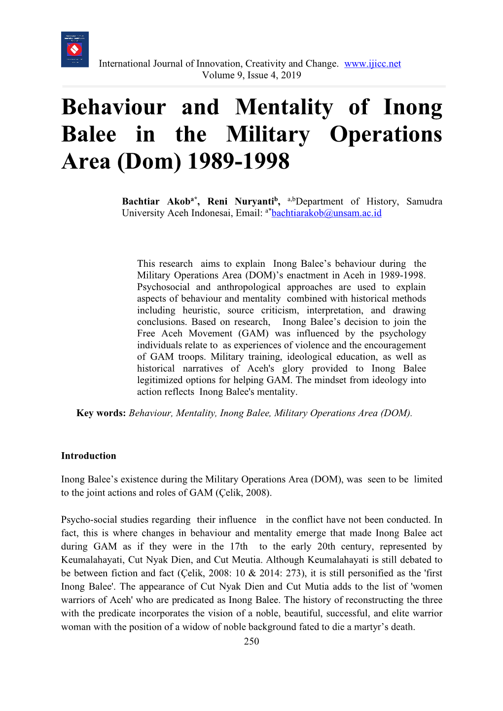 Behaviour and Mentality of Inong Balee in the Military Operations Area (Dom) 1989-1998