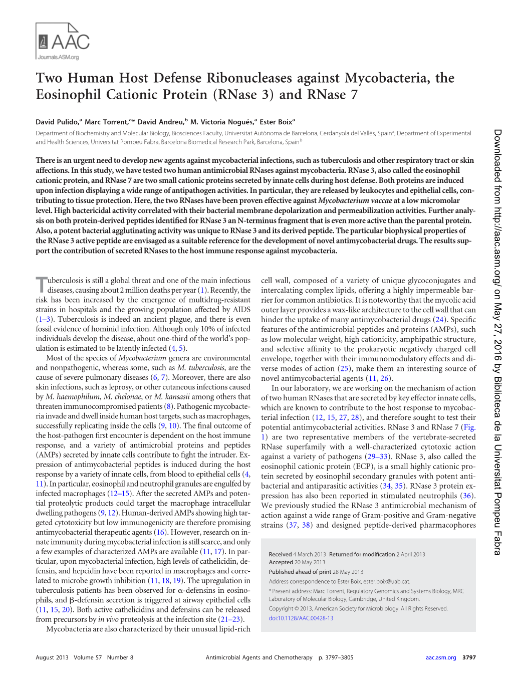 Two Human Host Defense Ribonucleases Against Mycobacteria, the Eosinophil Cationic Protein (Rnase 3) and Rnase 7