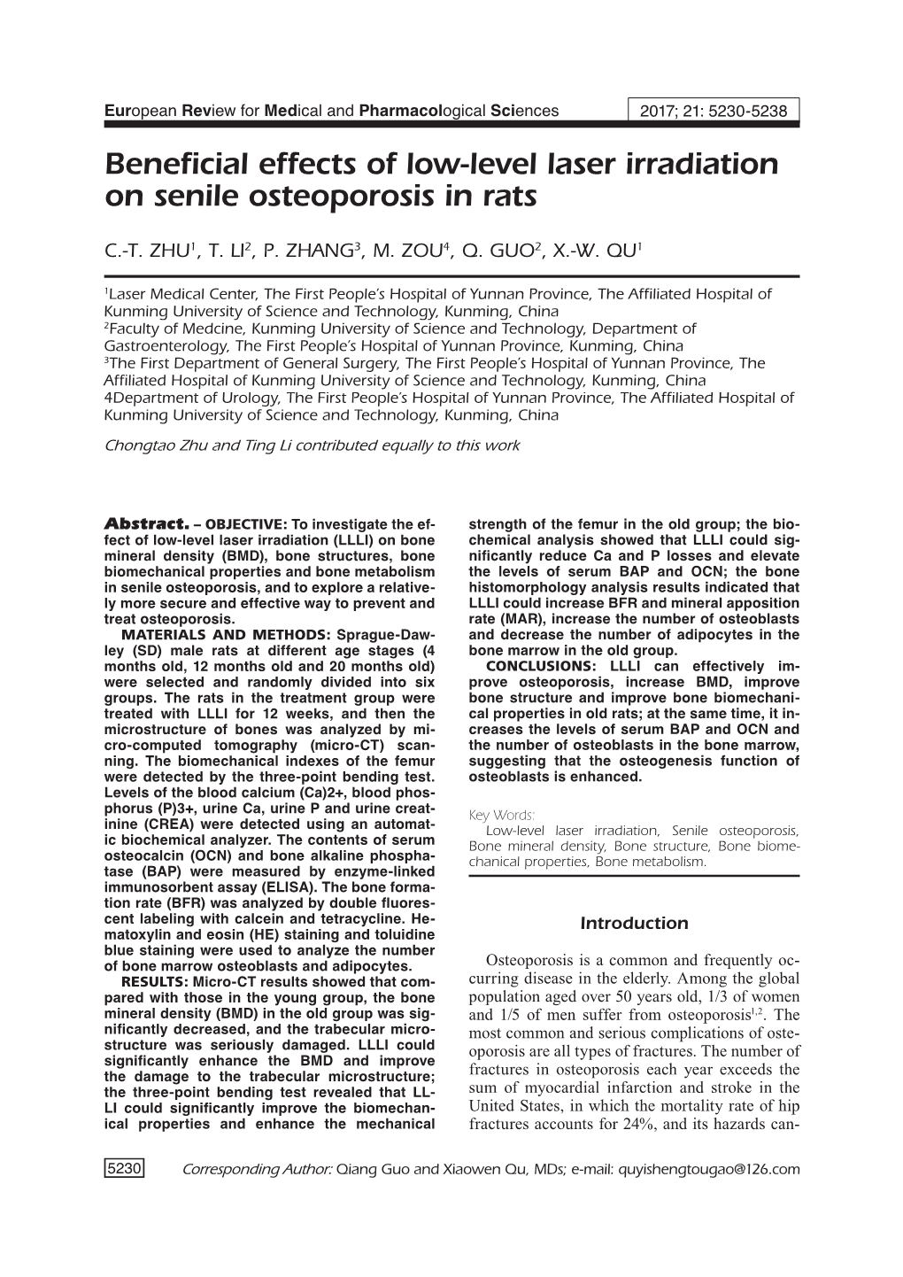 Low-Level Laser Irradiation on Senile Osteoporosis in Rats