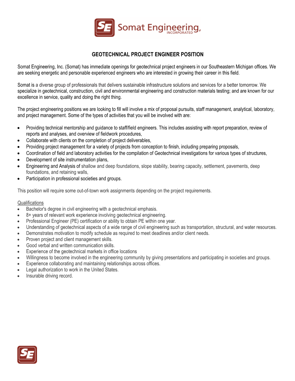 Geotechnical Project Engineer Position