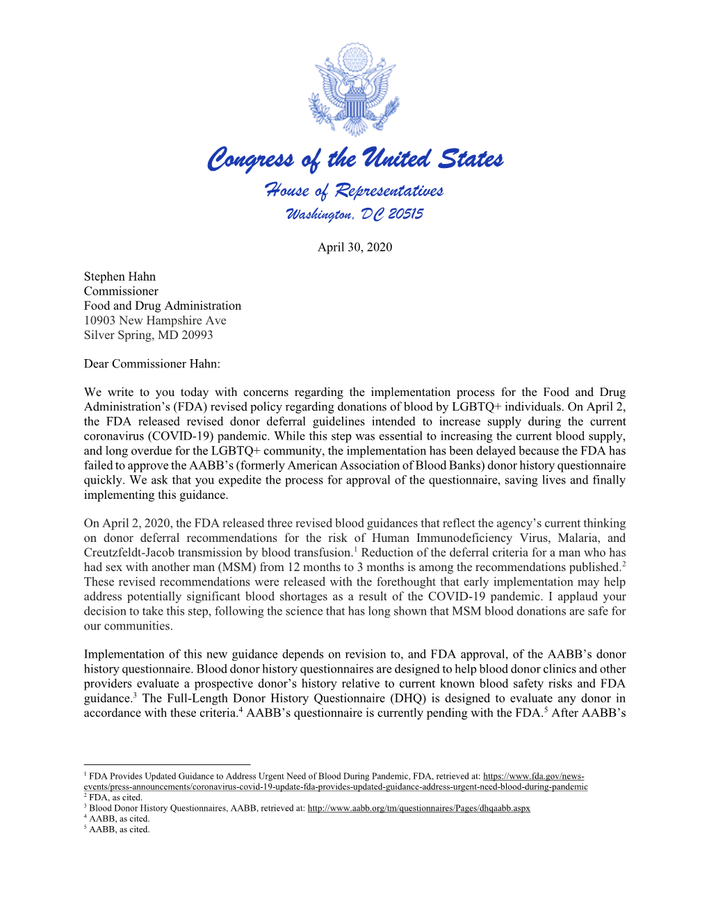 Congressional Letter to FDA Commissioner Hahn Regarding The