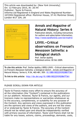 Series 6 LXVIII.—Critical Observations on Frenzel's Mesozoon Salinella