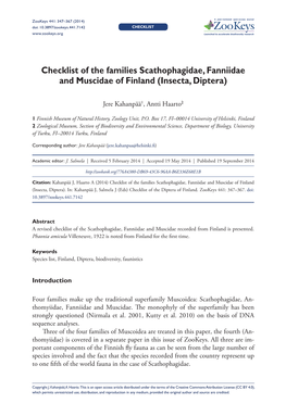 Checklist of the Families Scathophagidae, Fanniidae and Muscidae of Finland (Insecta, Diptera)