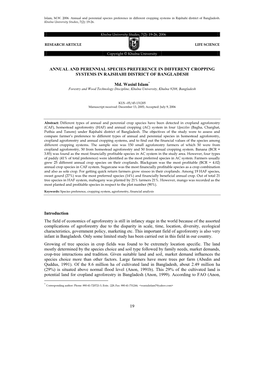 Annual and Perennial Species Preference in Different Cropping Systems in Rajshahi District of Bangladesh