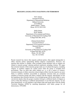 23 RELIGION, LEGISLATIVE COALITIONS and TERRORISM Nil S. Satana Assistant Professor Department of International Relations Bilken