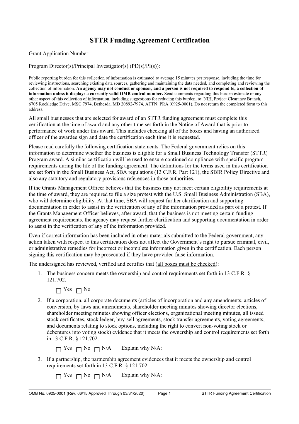 STTR Funding Agreement Certification