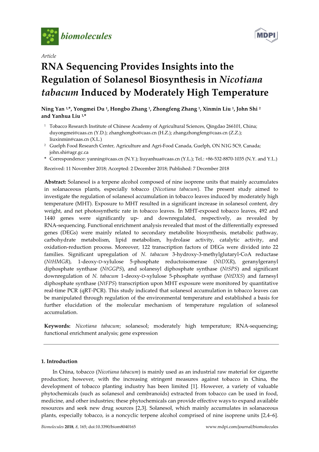 RNA Sequencing Provides Insights Into the Regulation of Solanesol Biosynthesis in Nicotiana Tabacum Induced by Moderately High Temperature