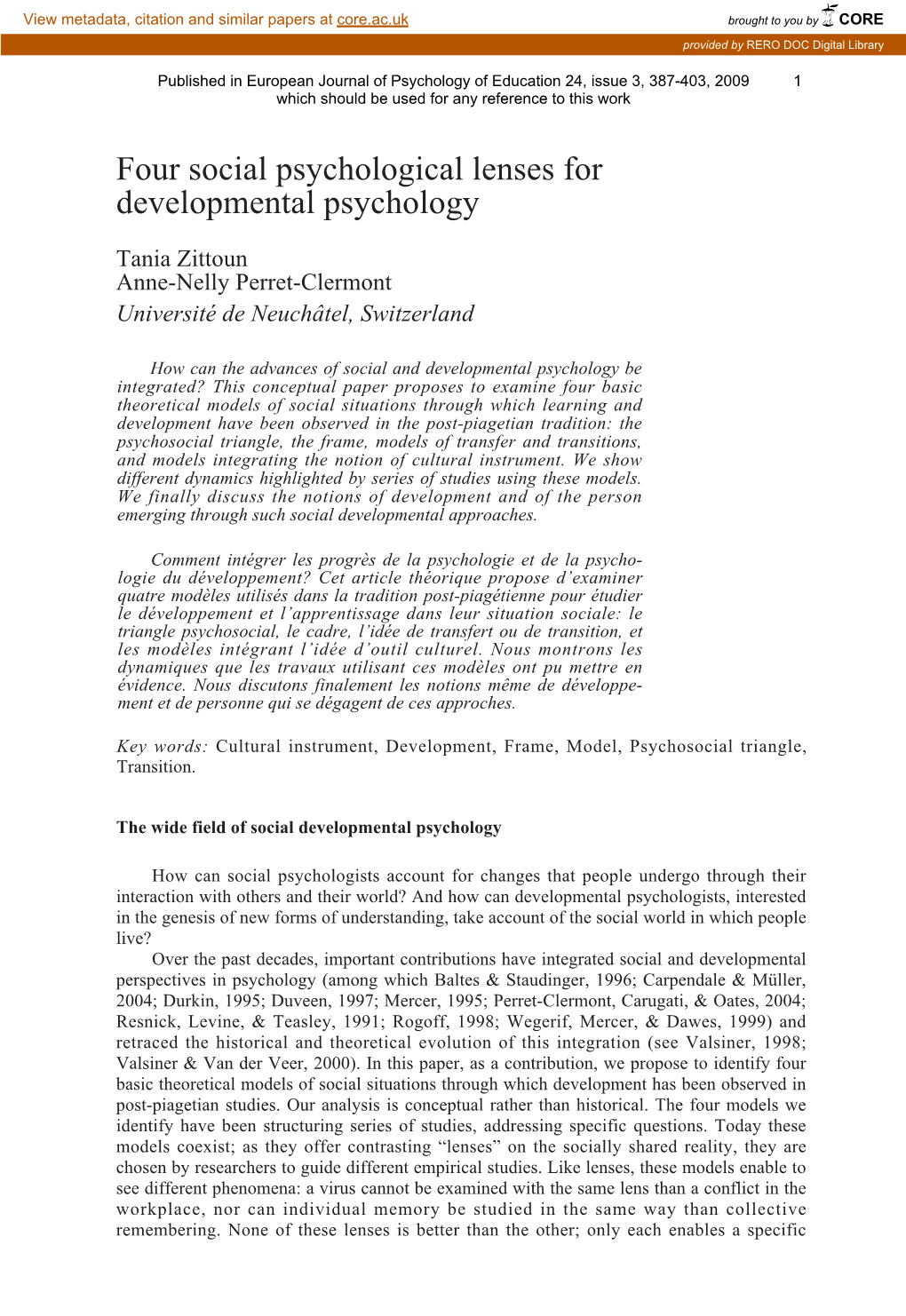 Four Social Psychological Lenses for Developmental Psychology