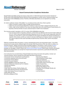 Hazard Communication Compliance Declaration