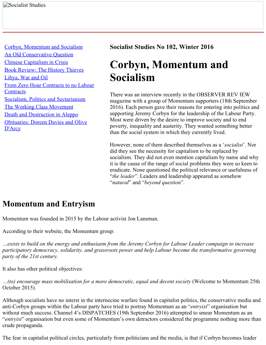 Corbyn, Momentum and Socialism