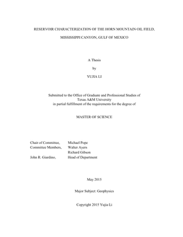 Reservoir Characterization of the Horn Mountain Oil Field