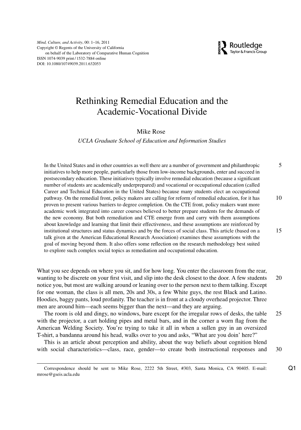 Rethinking Remedial Education and the Academic-Vocational Divide