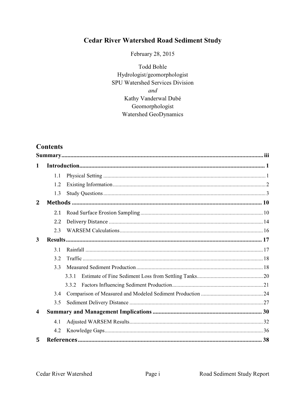 Cedar River Watershed Road Sediment Study Contents