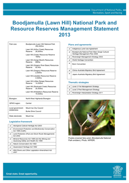 Boodjamulla (Lawn Hill) National Park and Resource Reserves Management Statement 2013