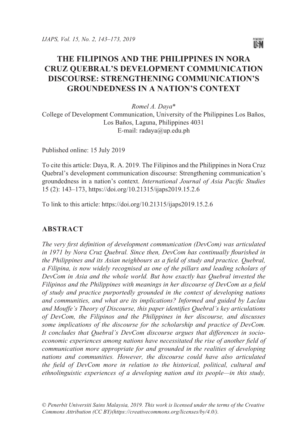 The Filipinos and the Philippines in Nora Cruz Quebral’S Development Communication Discourse: Strengthening Communication’S Groundedness in a Nation’S Context