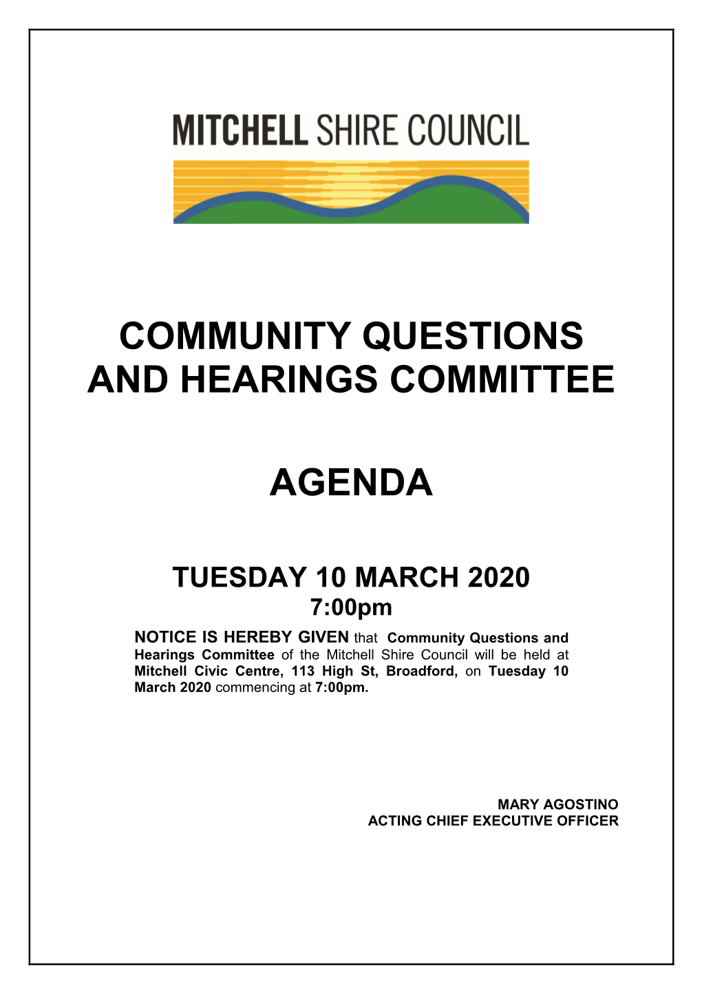 Agenda of Community Questions and Hearings Committee