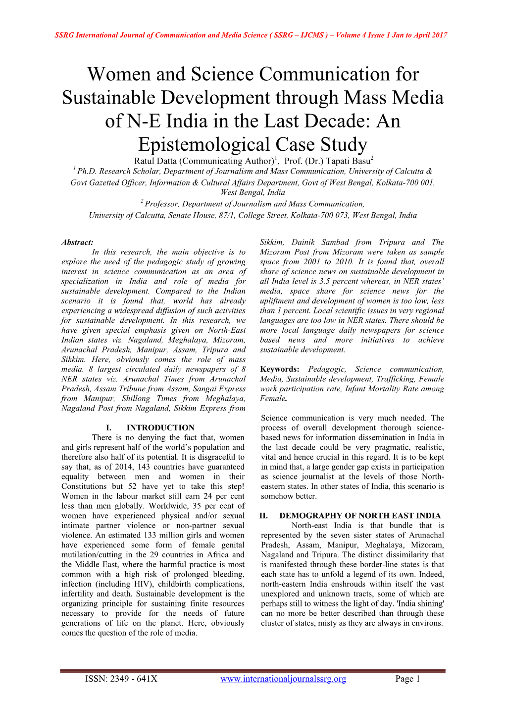 Women and Science Communication for Sustainable Development Through Mass Media of NE India in the Last Decade