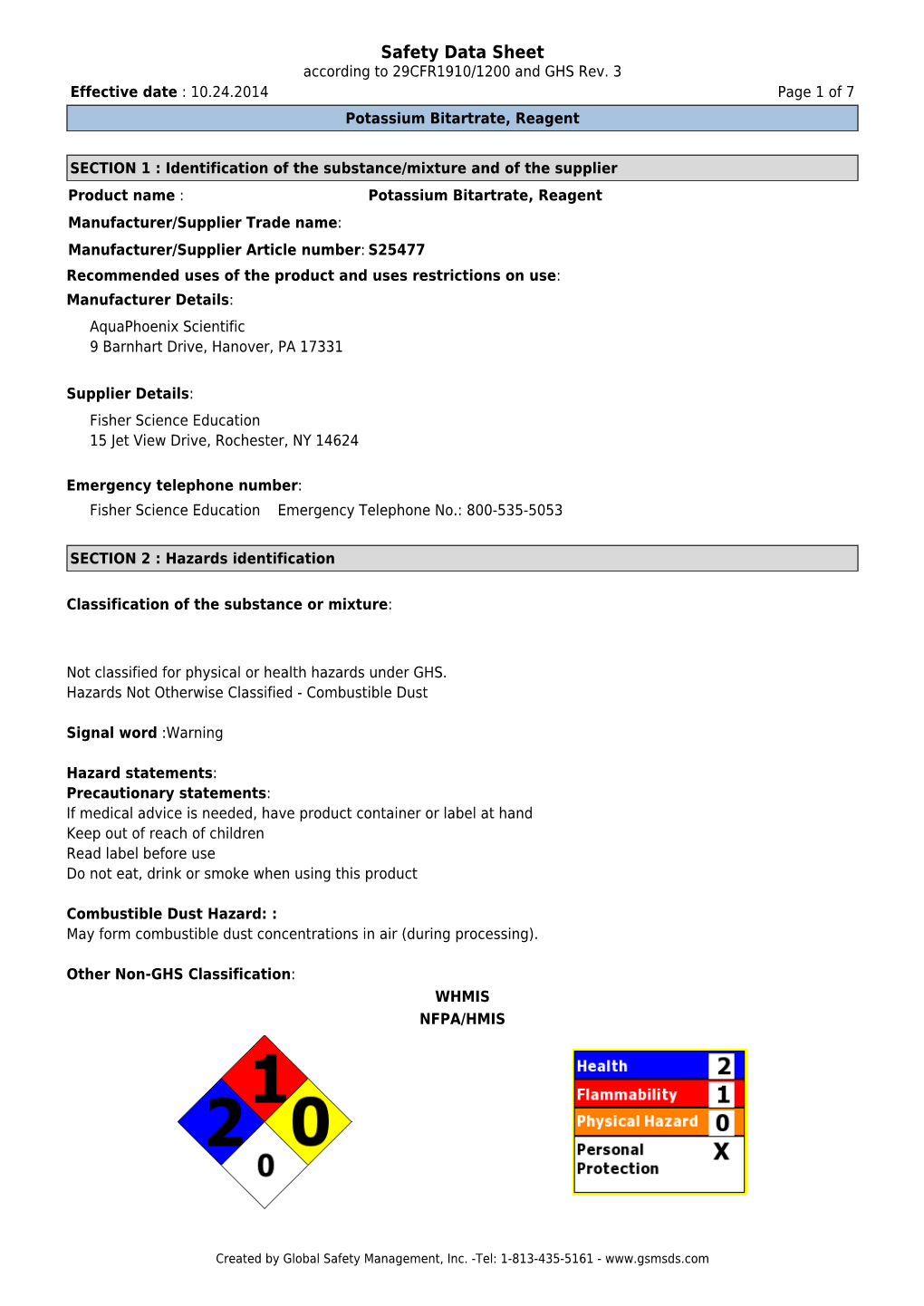 Safety Data Sheet According to 29CFR1910/1200 and GHS Rev