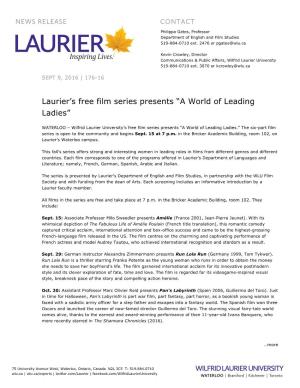 Laurier's Free Film Series Presents “A World of Leading Ladies”