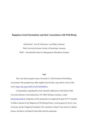 Happiness Goal Orientations and Their Associations with Well-Being