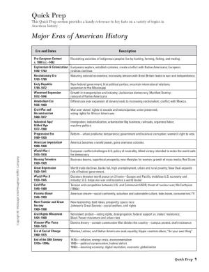 Quick Prep Major Eras of American History