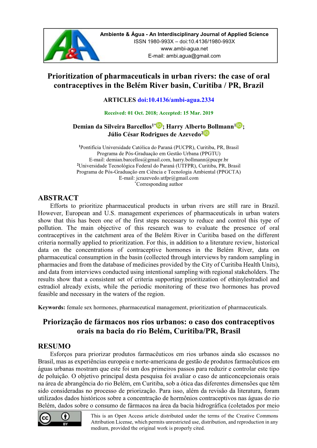 Prioritization of Pharmaceuticals in Urban Rivers: the Case of Oral Contraceptives in the Belém River Basin, Curitiba / PR, Brazil