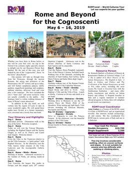 Rome and Beyond for the Cognoscenti May 6 – 16, 2019