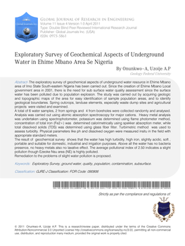 Exploratory Survey of Geochemical Aspects of Underground Water in Ehime Mbano Area Se Nigeria by Onunkwo–A, Uzoije A.P Geology Federal University