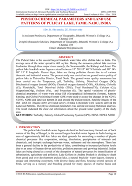 Physico-Chemical Parameters and Land Use Patterns of Pulicat Lake, Tamil Nadu, India