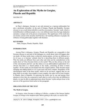 An Exploration of the Myths in Gorgias, Phaedo and Republic