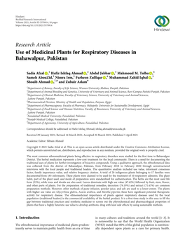Use of Medicinal Plants for Respiratory Diseases in Bahawalpur, Pakistan