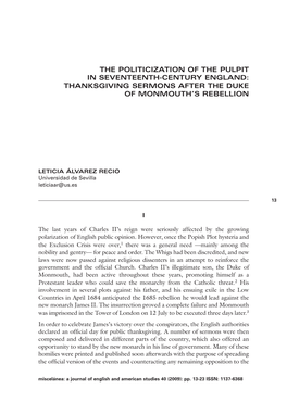 The Politicization of the Pulpit in Seventeenth-Century England: Thanksgiving Sermons After the Duke of Monmouth’S Rebellion