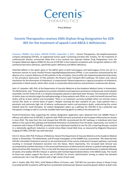 Cerenis Therapeutics Receives EMA Orphan Drug Designation for CER- 001 for the Treatment of Apaoa-I and ABCA-1 Deficiencies