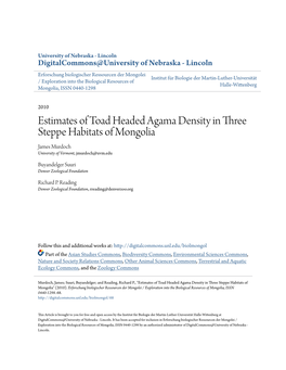 Estimates of Toad Headed Agama Density in Three Steppe Habitats of Mongolia James Murdoch University of Vermont, Jmurdoch@Uvm.Edu