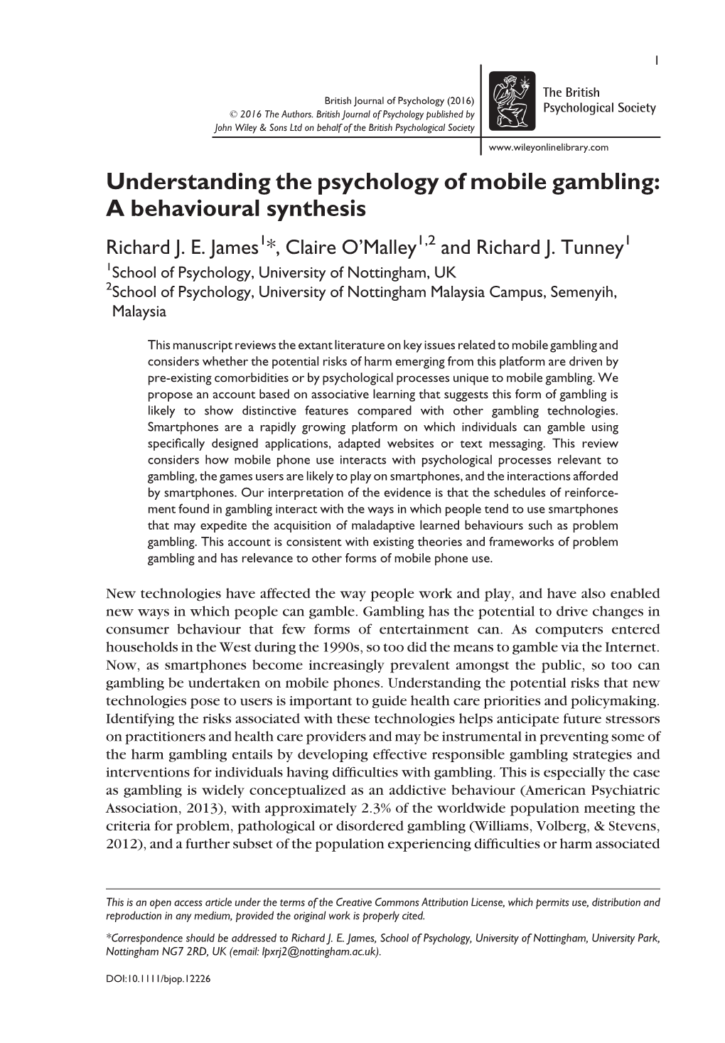 Understanding the Psychology of Mobile Gambling: a Behavioural Synthesis Richard J