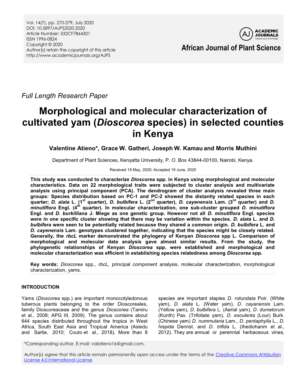 Dioscorea Species) in Selected Counties in Kenya