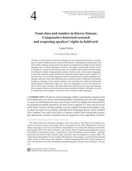 Noun Class and Number in Kiowa-Tanoan: Comparative-Historical Research and Respecting Speakers’ Rights in Fieldwork1