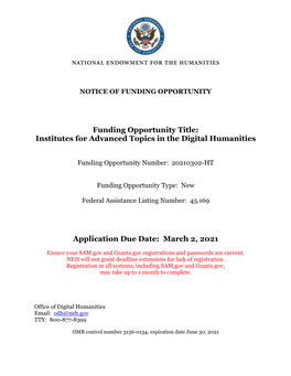 Funding Opportunity Title: Institutes for Advanced Topics in the Digital Humanities