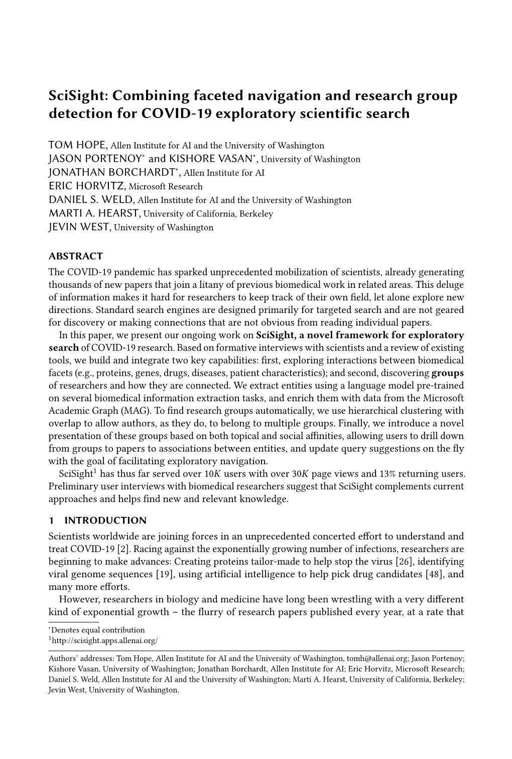 Combining Faceted Navigation and Research Group Detection for COVID-19 Exploratory Scientific Search